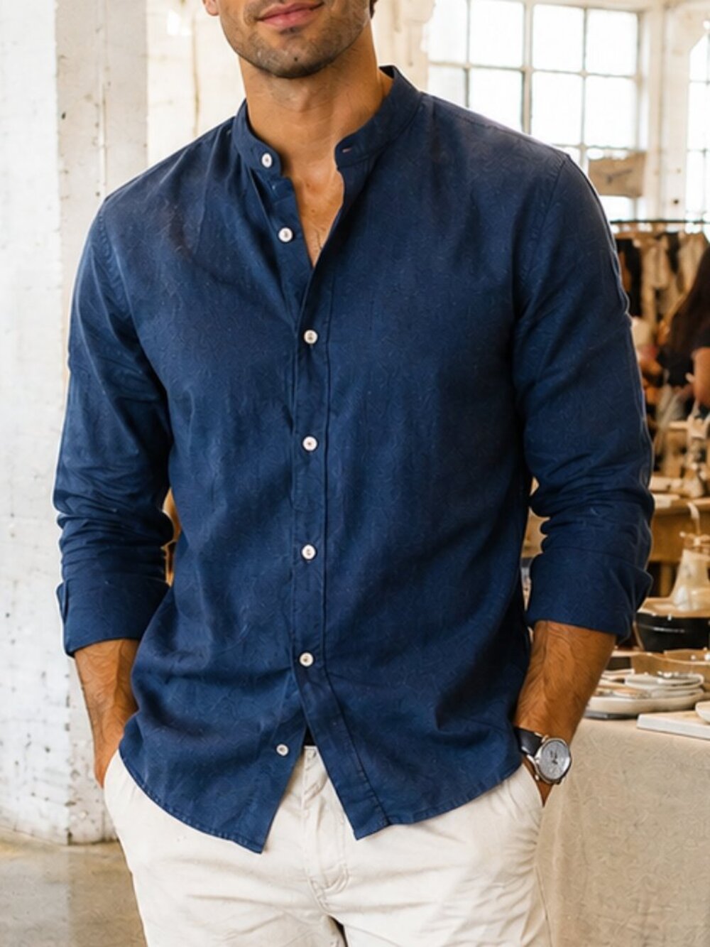 Springfield Men Tuxedo Bib Banded Collar Cotton Shirt Navy Blue Custom Fit 44